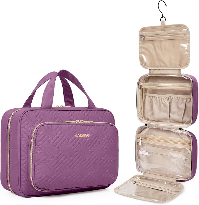 BAGSMART Toiletry Bag Hanging Travel Makeup Organizer with TSA Approved Transparent Cosmetic Bag Makeup Bag for Full Sized Toiletries, Large-Purple