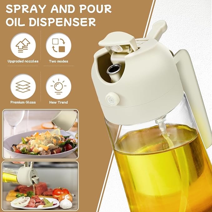 Oil Sprayer for Cooking 2pcs,2 in 1 Oil Dispenser and Oils Sprayer Kitchen Gadgets-16oz Glass Oils Spray Bottle,Mist Olive OilDispenser,Air Fryer,Salad,Grill (White Kitchen Accessories)