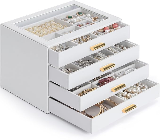 AKOZLIN Jewelry Box with Clear Lid Functional Leather Jewelry Storage Organizer Case 4 Drawers for Women Girls Necklace Ring Bracelet Earring