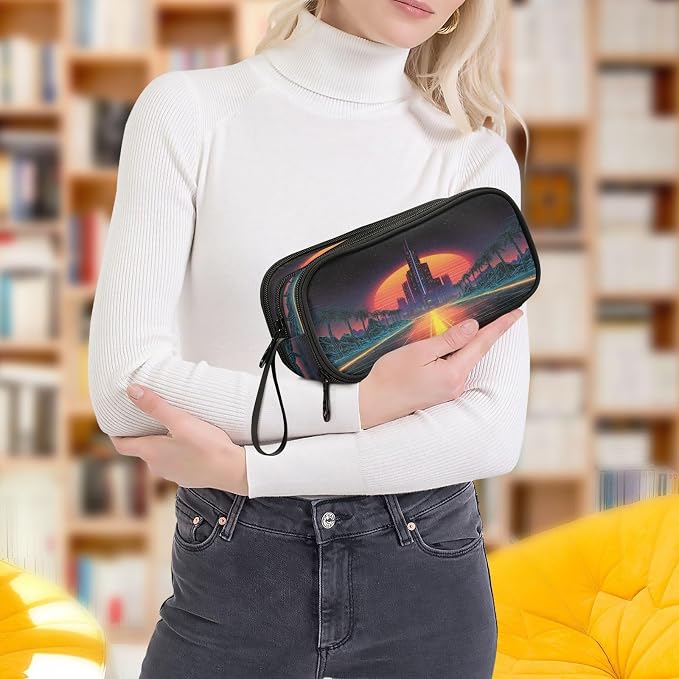 Neon Synthwave Pattern Large Capacity Pencil Case Pouch Organizer stationery Pen Bag with 3 Compartment for School College Supplies