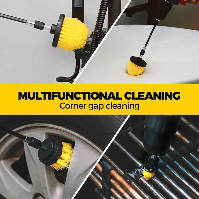 Holikme 8Piece Drill Brush Attachment Set - Power Scrubber Cleaning Kit | Nylon Fibers, Power Scrubber Attachments for Tile, Shower, Floors, Kitchen and Auto Interior Care, Cleaning Tools, Yellow