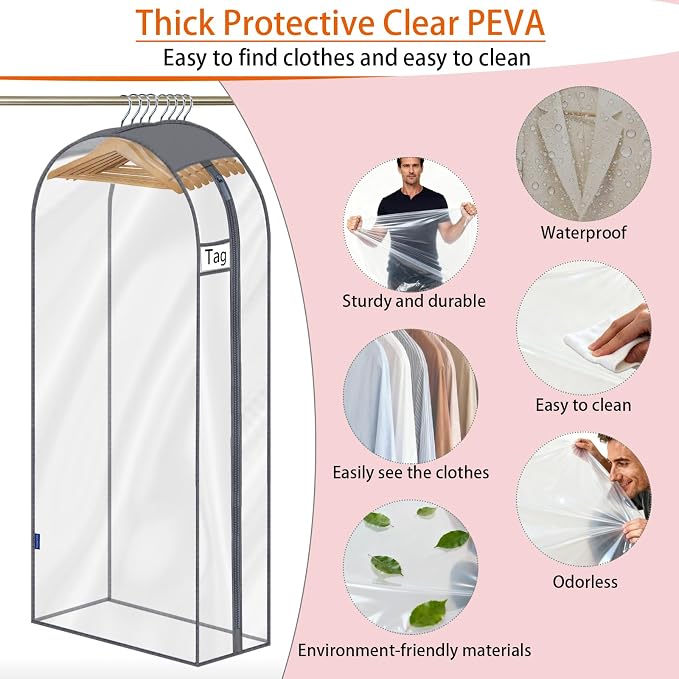 Clear Garment Bags for Hanging Clothes 10" Side Gusset, Suit Bags for Closet Storage, Suit Cover for Shirts Coats Dresses (24"X62"X10" 3Pack)