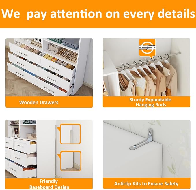 Closet System with 6 Wooden Drawers, 6.5-16FT Corner Closet Organizer System for Walk in Closet, Heavy Duty Modular Closet Systems, Built-in Shelving System with 7 Hanging Rods, 3-Piece Set