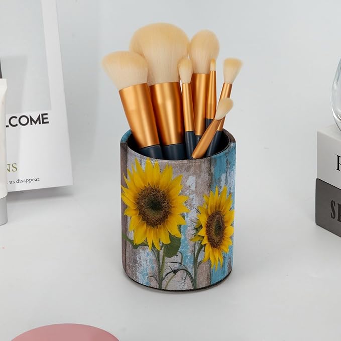 Faux Leather Pen Holder for Desk, Pencil Organizer Farmhouse Sunflowers Pen Cup Desk Decor Makeup Brush Holder Storage for Office Home