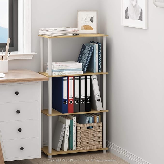 Furinno Turn-N-Tube 4-Tier Multipurpose Shelf Display Rack, Round Tubes, Blonde Maple/White