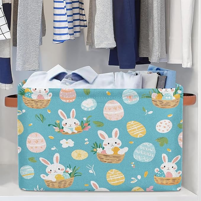 Cube Storage Bins for Shelves, Cute Easter Bunny Basket Egg Print Collapsible Fabric Toys Storage Basket Box with Handles for Home Office Bedroom Closet