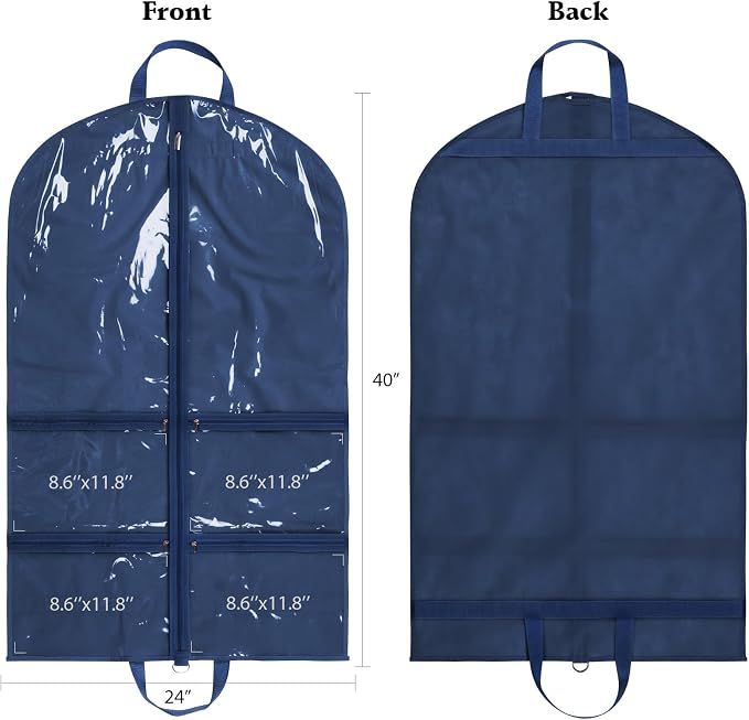 KEEGH 40 inch Clear Garment Bags for Dance Costumes, 2 Pack, Navy Blue | 4 Zipper Pockets, for Dance Competitions, Ballet, Theatre, Dance Garment Bags for Dancers, Hanging Clothes for Closet Storage