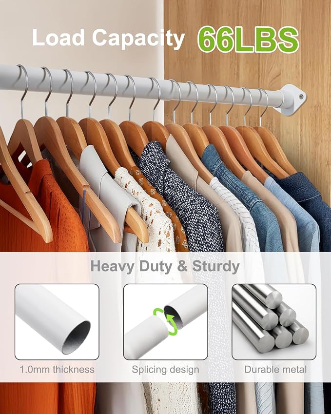 Closet Rod, Adjustable Rod for Hanging Clothes Upgraded Extra Strong, 42 to 52 Inches Clothes Rod for Closet, White