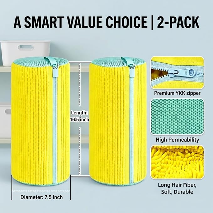 2 Pack Shoe Washing Machine Bag, Works for Washer & Dryer, Reusable Laundry Bag with Self-Locking Zipper, 360° Deep Cleaning for Sneakers and Tennis Shoes (Yellow)