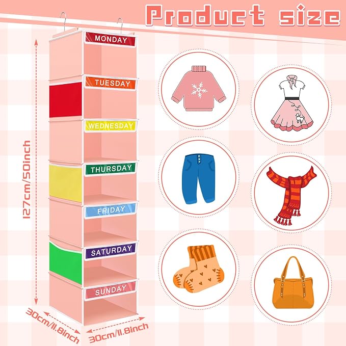 Amylove 2 Pcs 7 Shelf Weekly Clothes Organizer for Kids Hanging Closet Organizer 11. 8 x 11. 8 x 50 Inch Daily Activity Kids Clothes Storage Drawers Cube Drawers Closet Hanging Shelves(Orange Pink)