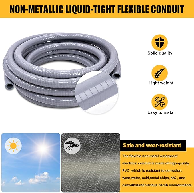Liquid-Tight Conduit 1inch 25 Foot, Flexible Non Metallic Liquid Tight Electrical Conduit and Connector Kit, with 5 Straight and 3 90-Degree Connector Fittings, 1" Dia
