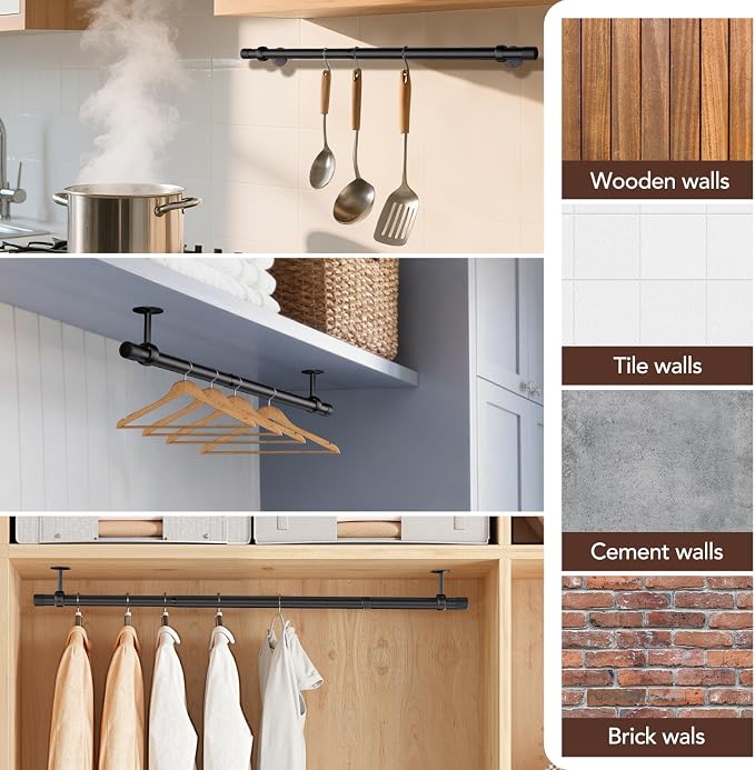SUTINE Closet Rod, Closet Rods for Hanging Clothes, 17 to 52 inch Adjustable Ceiling/Wall mounted Closet Hanging Rod, Heavy Duty Clothes Rod Clothing Bar, Closet Poles for Hanging Clothes for Wardrobe