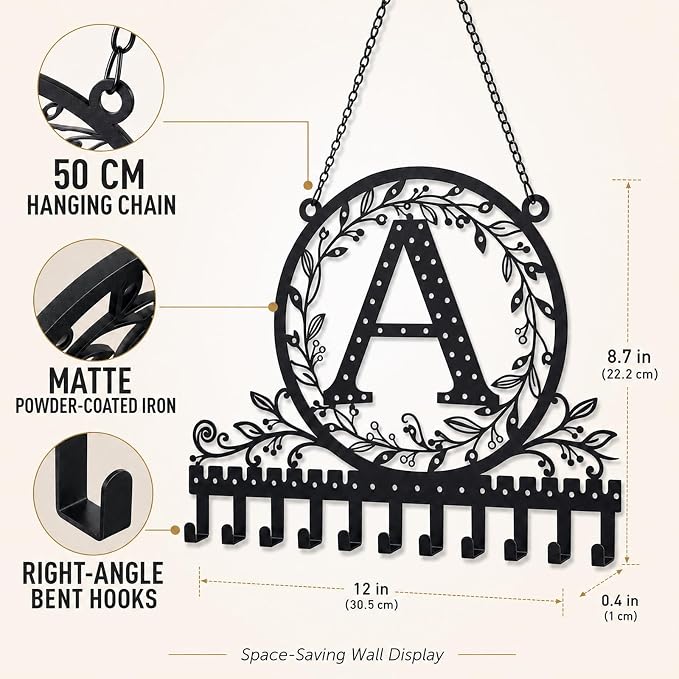 Personalized Wall Mounted Metal Initial Letter A Earring Holder Jewelry Organizer for Earrings and Necklaces Space Saving Wall Display with Hooks Jewelry Storage Bedroom Vanity Gift for Women