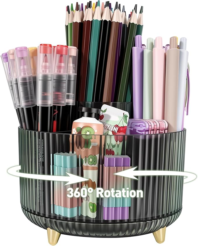 360 Rotating Pen Pencil Holder for Desk, Pen Organizer with 5 Slots, Makeup Brush Holder, Desk Organizer and Accessories, Cute Pencil Cup Caddy for Office School Home Decor Art Supply (Green)