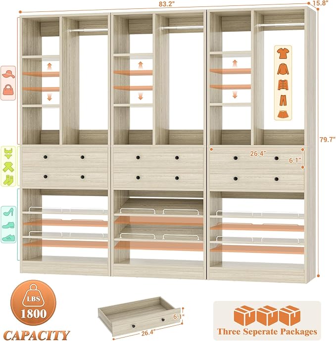 Besiost Closet System, 84"/7 FT Closet Organizer System with Drawers and Shelves, Walk-in Closets Systems, Free Standing Reach in Closet Tower, Load 1800+LBS, Greige 3 Pack