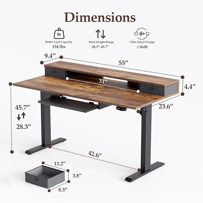 Klicelor 55 x 24 Inch Electric Standing Desk with Drawers and Keyboardtray, Adjustable Height Small Sit Stand Desk for Home Office, Compact Computer Workstation with Storage- Rustic Brown