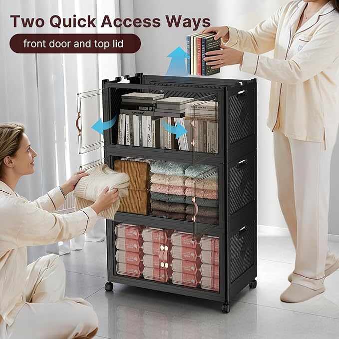 UAMFURI Stackable Storage Bins with Lids, 600QT Closet Organizers, Lockable Storage Cabinet, Foldable Storage Box with Doors and Wheels, Plastic Drawers for Home, Garage, Office (5, Black, Large)