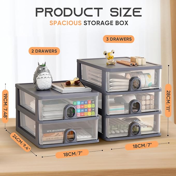 Desktop Storage Drawers, Desk Organizer with Drawers, 2 Drawers Organizing Drawers Clear Small Plastic Storage Drawers for Crafts, Accessories, Stationeries, Office Supplies, Pens (1Pack)