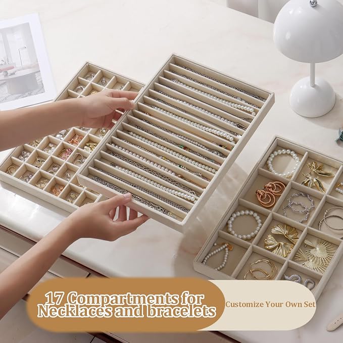 Large Jewelry Organizer for Drawer Insert Velvet Stackable Jewelry Trays for Earring Necklace Bracelet Ring Display (Beige, 16 Grids)