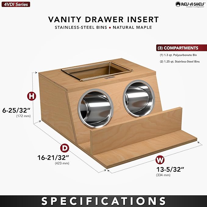 REV-A-SHELF Natural Maple Drawer Insert w/Stainless-Steel Bins for 18" Vanity Drawers