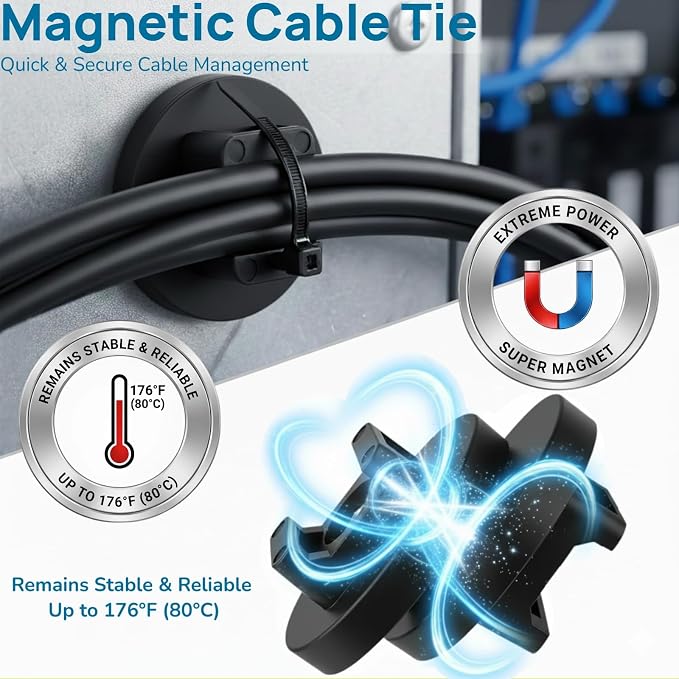 225-Pc Magnetic Cable Ties Set,Magnetic Zip Tie Mounts & Cable Ties | Magnetic Wire Holder, 25 Magnetic Cable Holders & 200 Zip Ties, Magnet Cable Tie Mounts for Cables, Wires, Cords, Hoses-43 mm