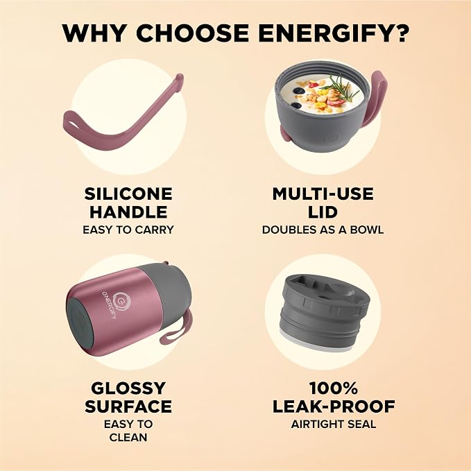 ENERGIFY Vacuum Insulated Food Jar. Large 17oz Bowl incl. Folding Spoon, Cup. Wide Mouth Keep Hot & Cold Drinks Soup Lunch Container for Adults. BPA-Free Stainless Steel, Leak Proof Rose Gold