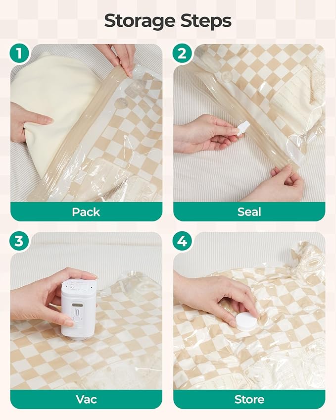 BAGSMART Travel Vacuum Seal Bags with Pump, Jumbo Vacuum Storage Bags for Clothes Blankets Comforters, Space Saver Bags for Travel, Compression Bags for Seasonal Storage-Khaki Checker