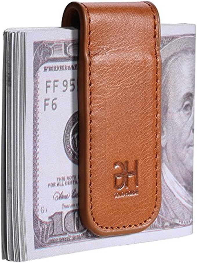 GH GOLD HORSE Slim Magnetic Money Clip Genuine Leather Business Card Holder for Men (Brown)