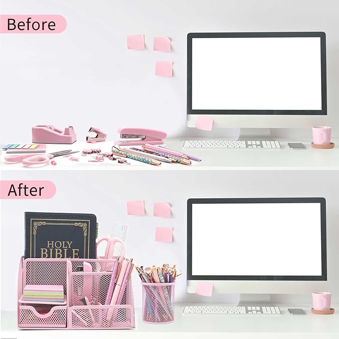 Pink Desk Organizers and Accessories,12pcs Office Desk Accessories Supplies,with Pen Holder, Tape Holder, Stapler, Scissors, Ruler, Staple Remover for Home & School, Office Supplies Gift for Women