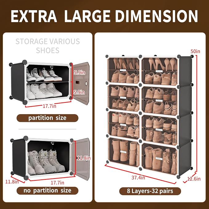 MAGINELS Shoe Rack,Expandable Shoe Cabinet Easy to Assemble. Shoe Storage with Door,Entryway, Closets, Hallway, and Bedroom.Accommodates Up to 32 Pairs of Shoes.