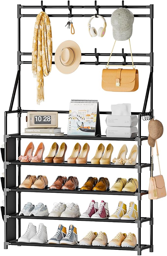 OYREL Shoe Rack, 5 Tier Shoes Storage Organizer with Hooks and Side Pocket | 20-25 Pairs, for Closet/Entrance/Entryway, Stackable & Detachable Closet Organizers and Storage Free Standing Shoe Rack