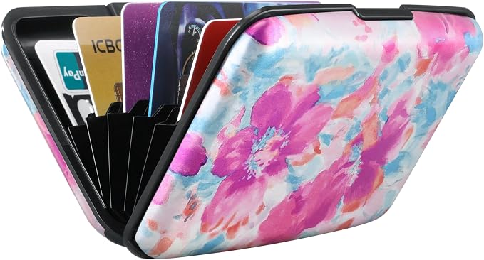 ELFISH Mini RFID Aluminum Wallet Credit Cards Holder Business Card Case Metal ID Case for Men Women(Watercolor Sakura)