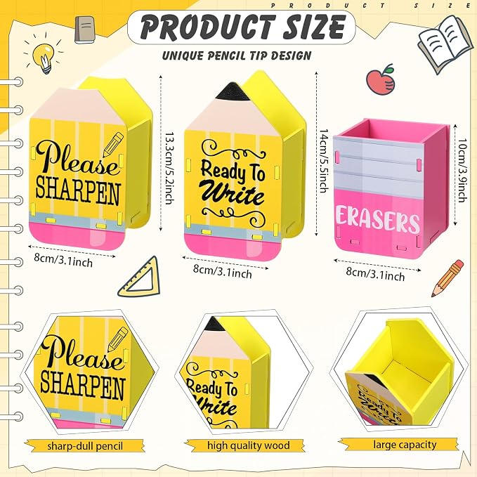 DoubleFill 3 Pcs Sharp and Dull Pencil Holder Eraser Buckets Wooden Shaped Dispenser for Back to School Teachers Classroom Management(Yellow Ready to Write)