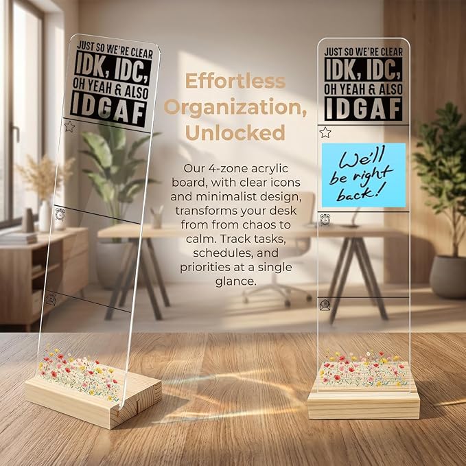 Sticky Note Holder, Monitor Memo Board, Acrylic Post It Note Holder with Wooden Base, Includes 200 Notes, Desk Organizer Funny IDGAF Quote