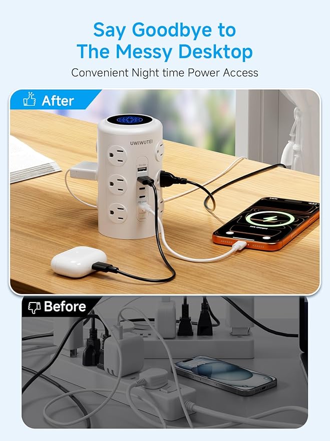 Tower Power Strip with 1 Dedicated PD 20W Fast-Charging Port, 12 Outlets, 5 USB Ports (3 USB-C), Desk Charging Station for Multiple Devices,10FT Extension Cord, Home Office Essentials