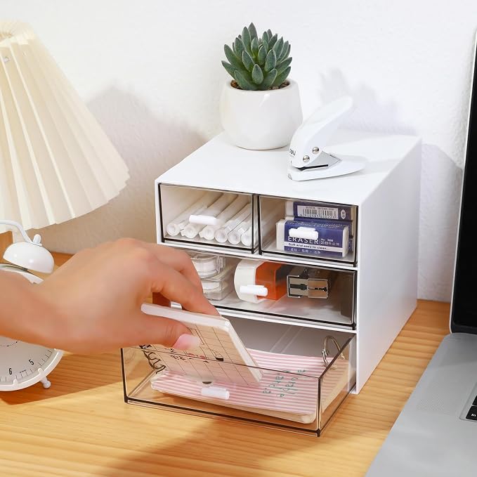 MILULUGO Makeup Organizer with 4 Drawers, Desk Organizer, Cosmetics Storage Box for nail polish, Lipstick, Brushes, Jewelry, Skincare, Bathroom Organization Boxes - White