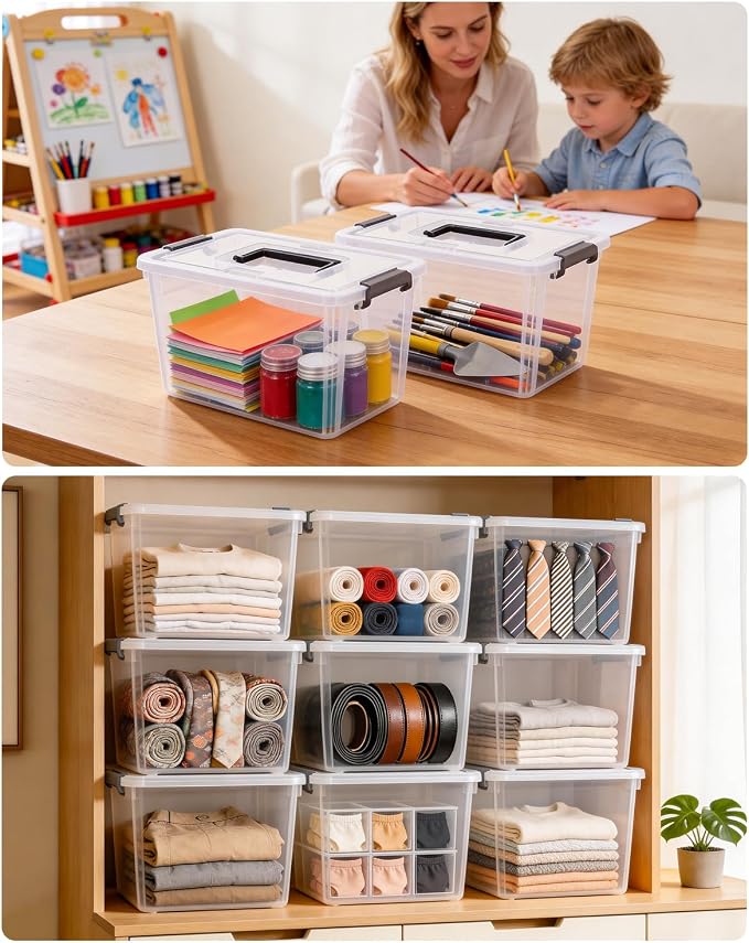 Citylife 6 Packs 6 QT Plastic Storage Bins with Latching Lids Clear Storage Box with handle Stackable Storage Containers for Organizing Snacks, Crafts, Toys, Tools