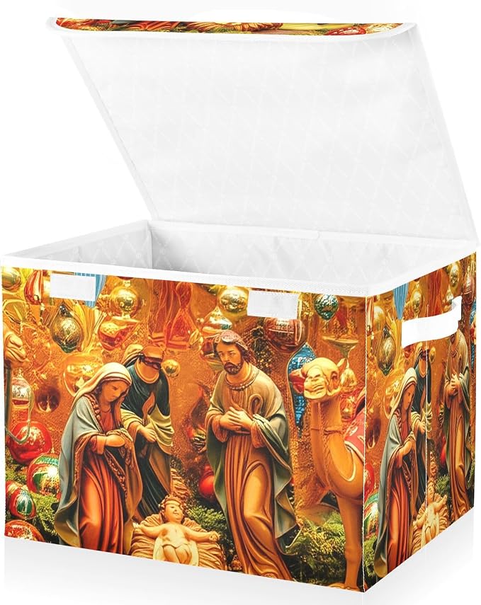 Nativity Scene Art Lidded Storage Bins with Handles - 16.5"x12.6"x11.8" Foldable Organizing Box, Oxford Fabric & Honeycomb Board, Dust-Proof Flip Lid for Closet/Office
