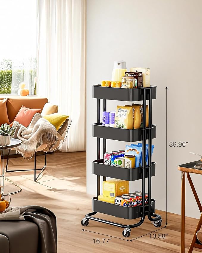 Pipishell 4 Tier Metal Rolling Utility Cart, Heavy-Duty Storage Rolling Cart with 2 Lockable Wheels, Multifunctional Mesh Organization Utility Cart for Kitchen Dining Room Living Room, PIUC13B