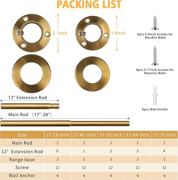 Closet Rods For Hanging Clothes, 17-28 Inch Adjustable Closet Rod, Stainless Steel Heavy Duty Closet Hanging Rod-Gold