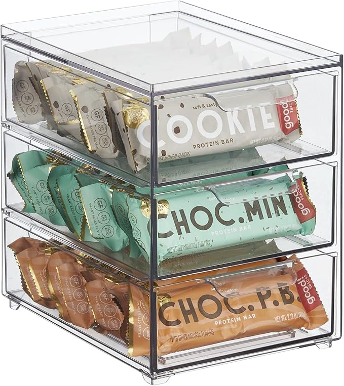 mDesign Plastic Stackable 3-Drawer Kitchen Storage Organizer - Bin with Divided Pull-Out Drawers for Pantry, Shelf, Fridge/Refrigerator, and Freezer Organization - Lumiere Collection - Clear