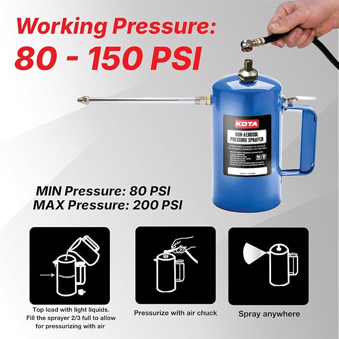 LAUCO Non Aerosol Pressure Sprayer - Refillable Pressurized Sprayer Bottle for Oil, Solvent, Degreasers, Lubricants - Rechargeable Steel Canister with Brass Nozzles, 32oz. (1, Blue) 69533