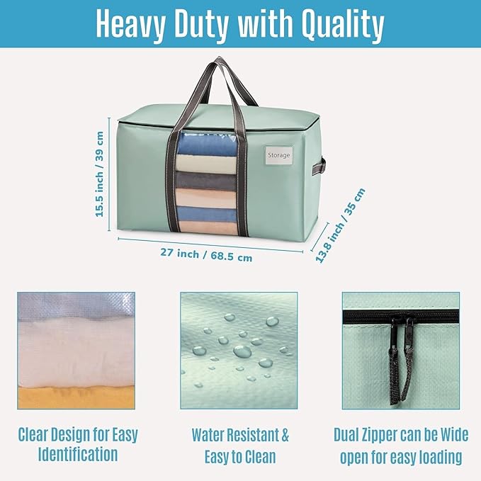 VENO 10 Pack Moving Bags with Clear Window, Heavy Duty Storage Bins with Lid, Around Handles, Tag, Zippers, Extra Large Totes Packing Moving Boxes Supplies for College Dorm Clothes (Light Green)