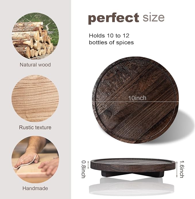Round Decorative Tray Farmhouse Kitchen Decor Soap Dish, 10" Dark Brown | Waterproof, Lightweight, Easy Clean, Wood Riser Pedestal Stand Accessories for Office Desk, Vanity, Counter, Sink
