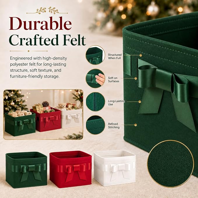 LemonRoad 3 Pcs Christmas Storage Bins 10x8x6in Red Green White Felt Gift Baskets with Elegant Bows Large Capacity Christmas Organizer for Shelves Closet Home Office, Xmas Decorative Fabric Boxes