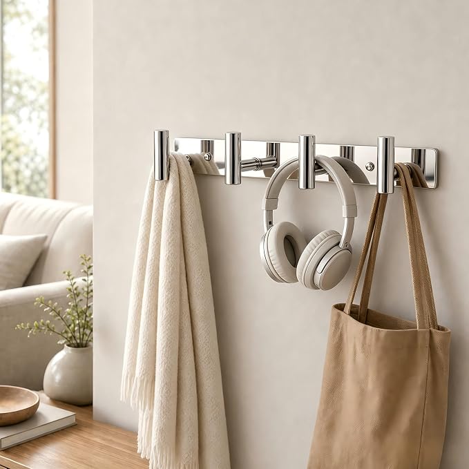 Wall Mounted Coat Rack-4 Hooks, Heavy Duty Stainless Steel Wall Hooks for Towel Coat Bag, Hat Rack Hanger Coat Hooks Towel Racks for Bathroom Entryway Kitchen Hotel (Glossy Chrome, 1 Pack)