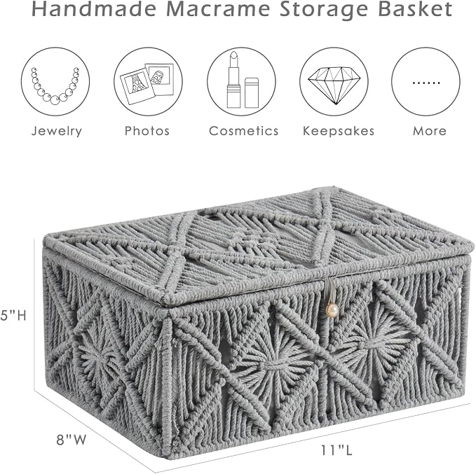 Decorative Boho Storage Baskets with Lid Bohemian Macrame Jewelry Box Handmade Natural Cotton Rope Woven Bins Memory Keepsake Photo Makeup Organizer Shelf Container (Gray, Large)