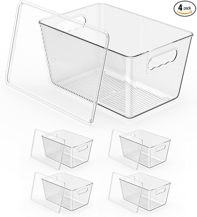 Clear Stackable Fridge Organizer with Lids, 4 Pack Large 11.5×7.5×6 Inch | Stackable clear storage containers with handles, pantry organizer for kitchen, fridge and freezer