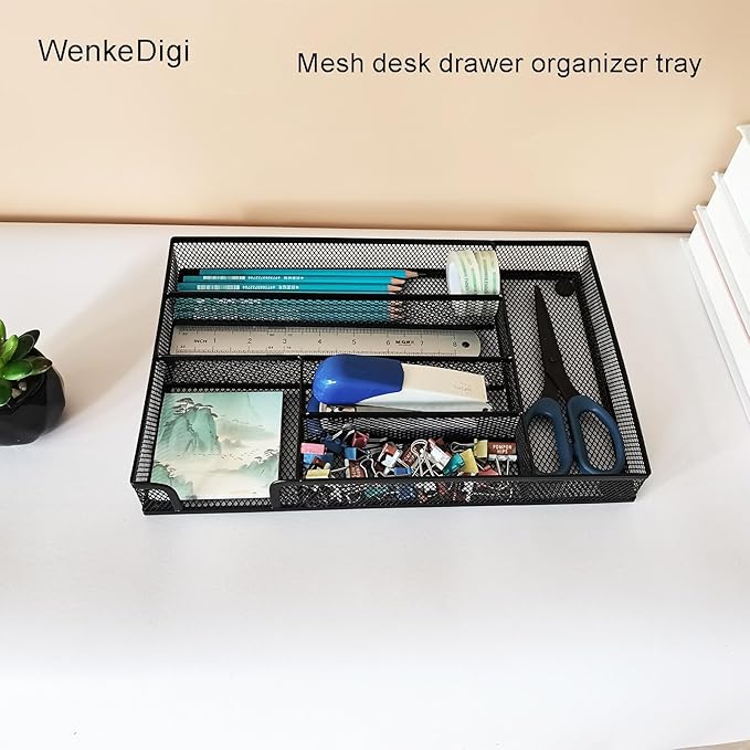 Metal Mesh Desk Drawer Organizer Tray, 6-Compartment Office Drawer Organizer for Pens Supplies, 12.6"x8.27"x1.57" Black
