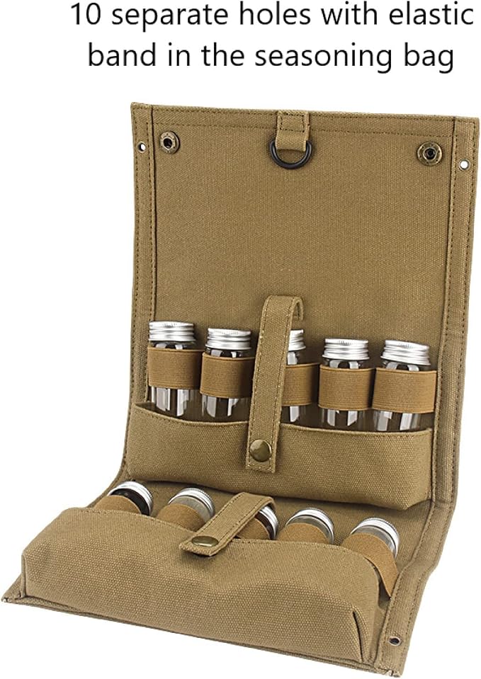 Travel Spice Kit, Portable Spice Bag with 10 Spice Jars, Canvas Seasoning Storage Bag Organizer, Seasoning Bottle Holder with Mini Condiment Bottle, Condiment Container Set for Outdoor Camping BBQ.